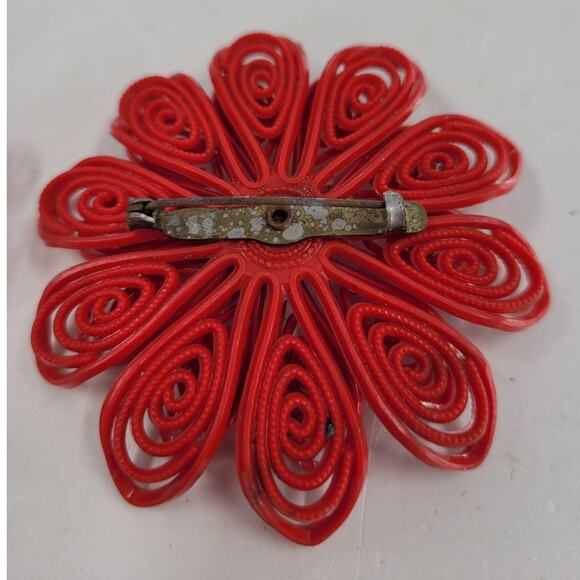 Vintage Art Deco Floral Brooches Red Celluloid Pair Statement Glam Jewelry‎ - Picture 7 of 8
